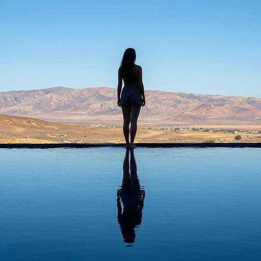 Silhouetted woman with long hair stands on reflective water, facing desert mountains under clear blue sky. Photograph.