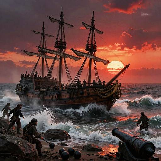 Sinking Pirate Ship at Blood-Red Sunset