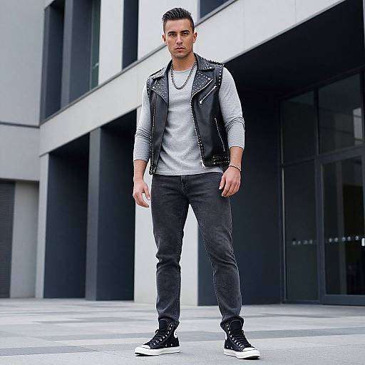 Photograph of a young, attractive man with short dark hair, wearing a black leather vest, gray long-sleeve shirt, black jeans, and