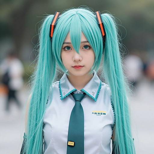 Photograph of a young woman cosplaying Hatsune Miku, with long turquoise pigtails, teal necktie, and white shirt, standing outdoors