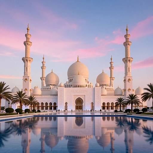 Photograph of a grand white Islamic mosque with multiple domes and minarets, reflected in a still, rectangular pool, set against a pink and