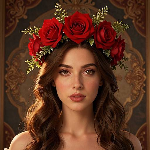 Photograph of a beautiful woman with long, wavy brown hair, wearing a red rose crown, against an ornate, patterned background.