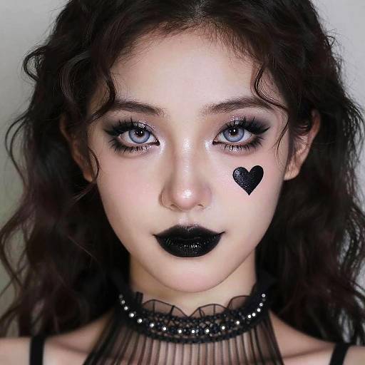 Photograph of a pale-skinned woman with blue eyes, dark wavy hair, black heart on cheek, black lipstick, and gothic makeup.