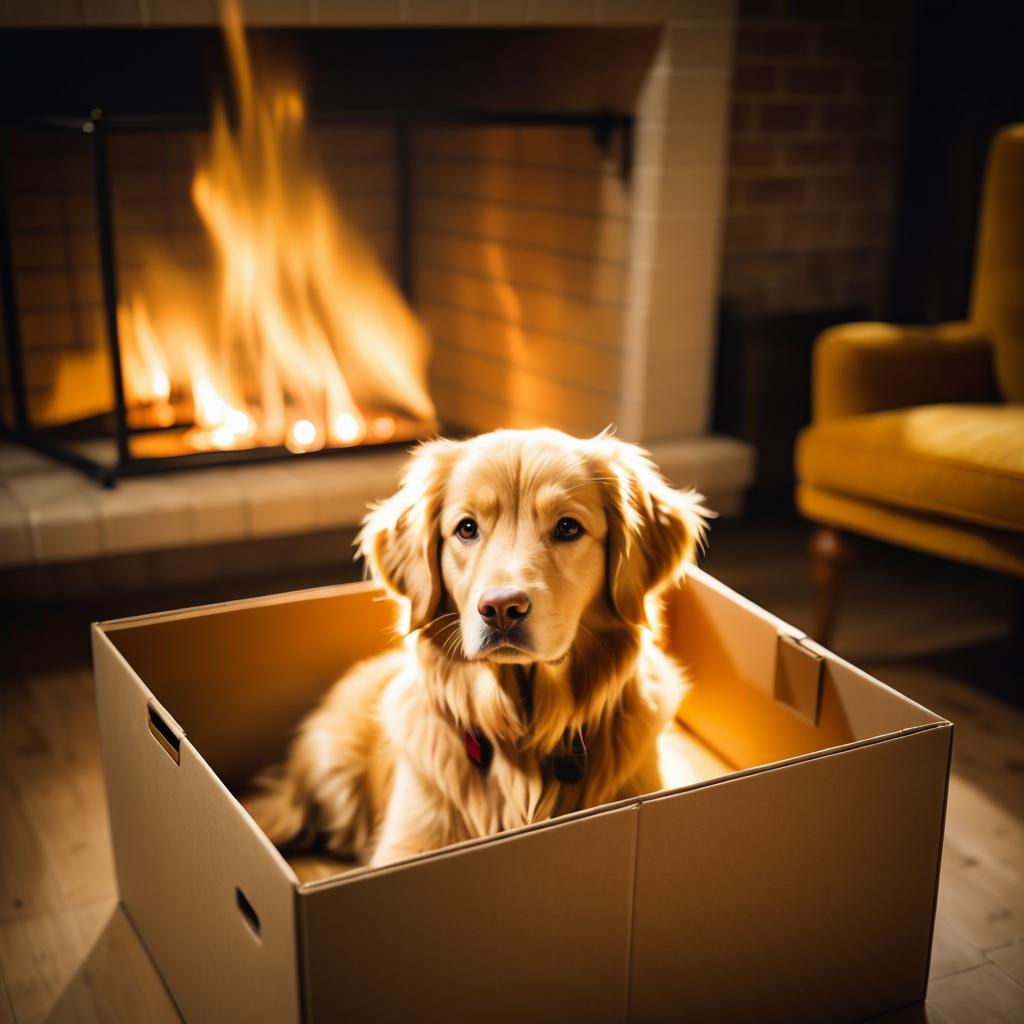 Golden Retriever in Vintage Box by Fire