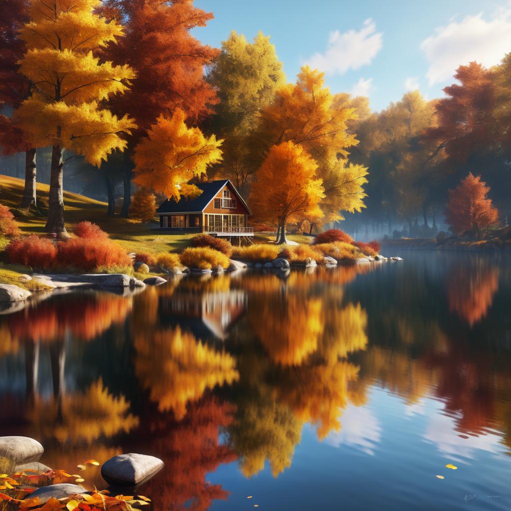 Vibrant Autumn Lakeside Painting Scene