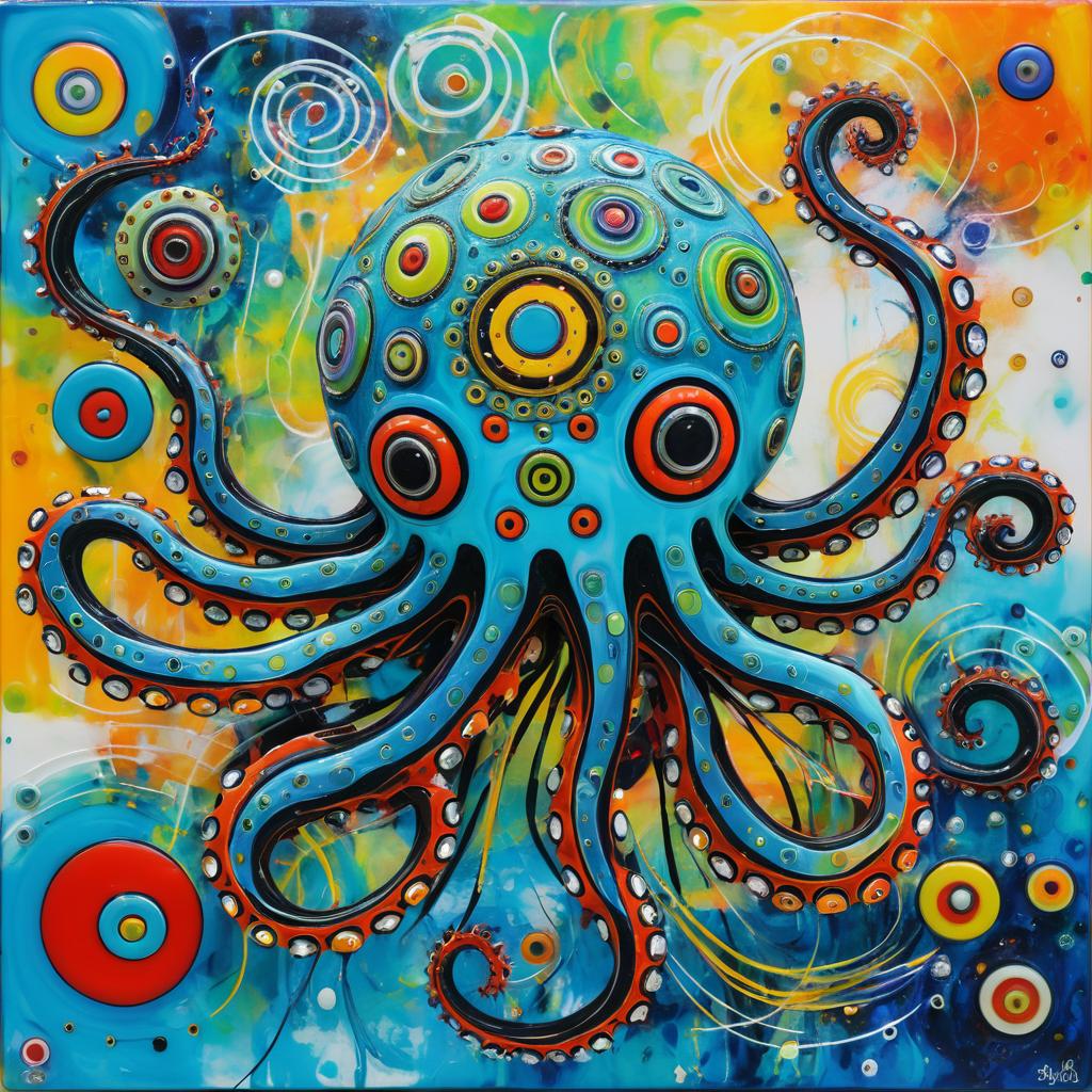 Whimsical Robotic Octopus Painting Style