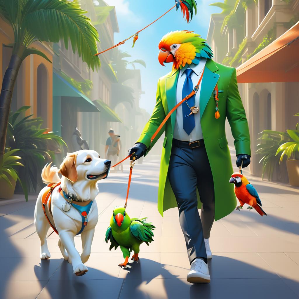 Anthropomorphic Dog with Parrot Companion