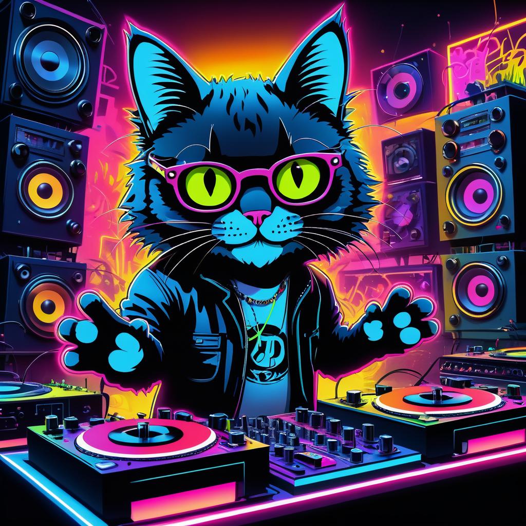 Edgy Neon Cat DJ Party Art