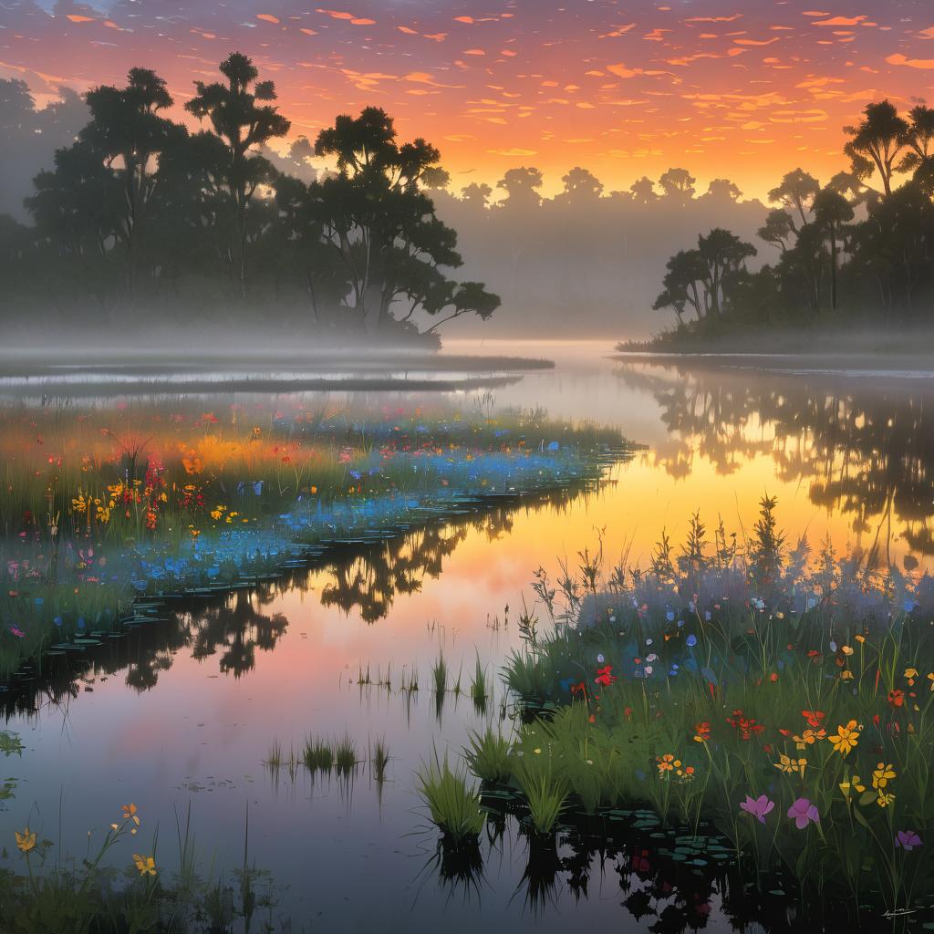 Foggy Dawn Over Marshy Wetlands