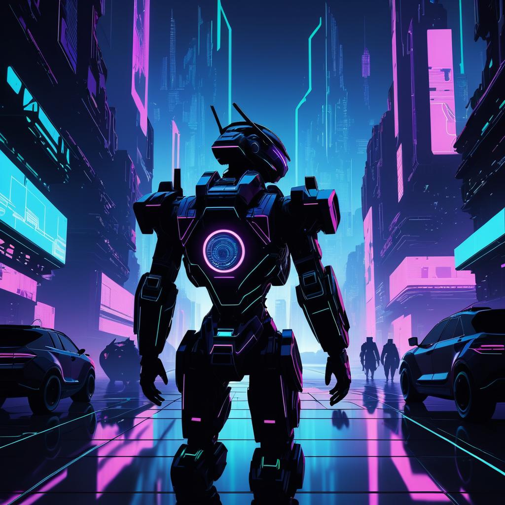 Futuristic Robot in Neon Cityscape