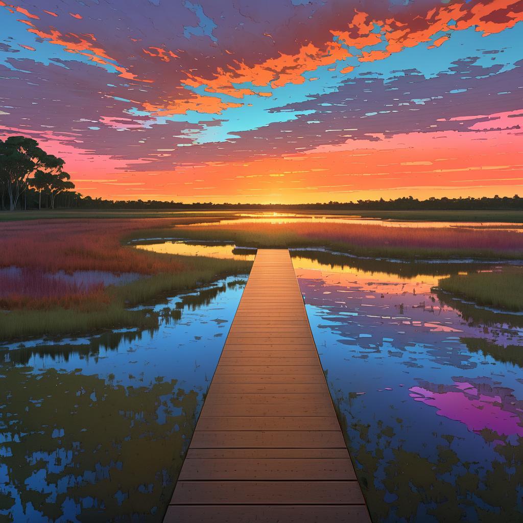 Serene Sunset Over Wetland Boardwalk