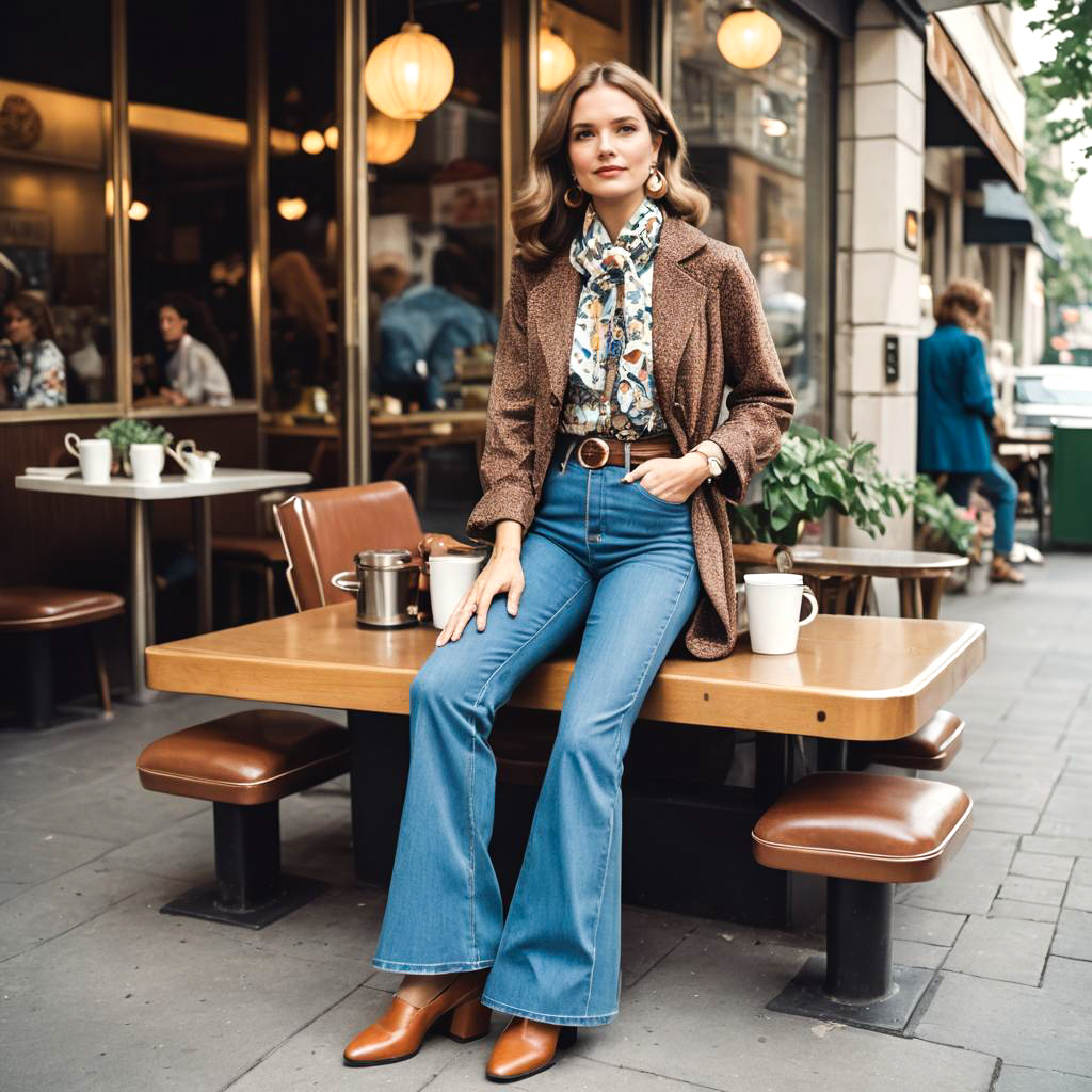 Chic 70s Fashion at Outdoor Cafe