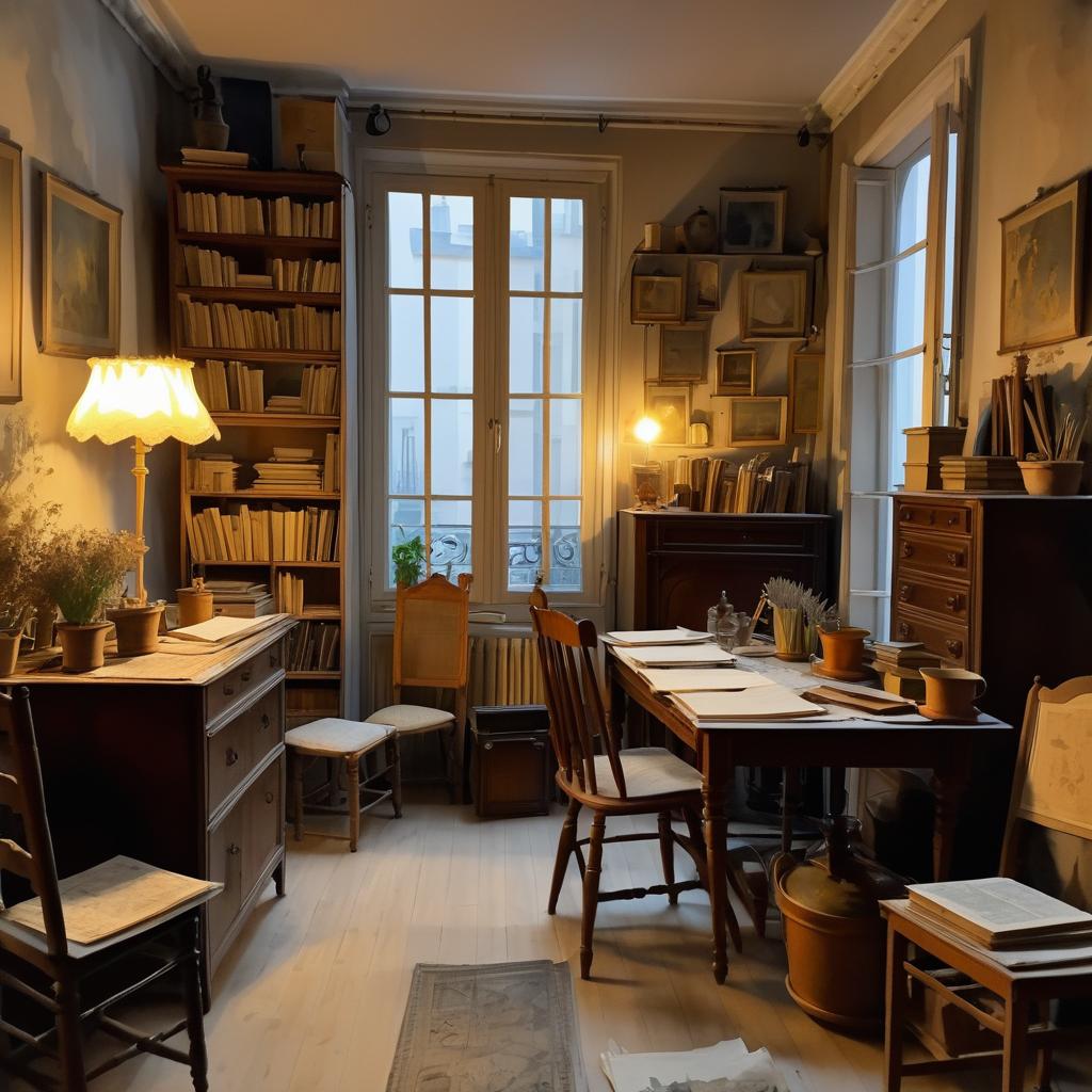 Dimly Lit Poet's Studio in Paris