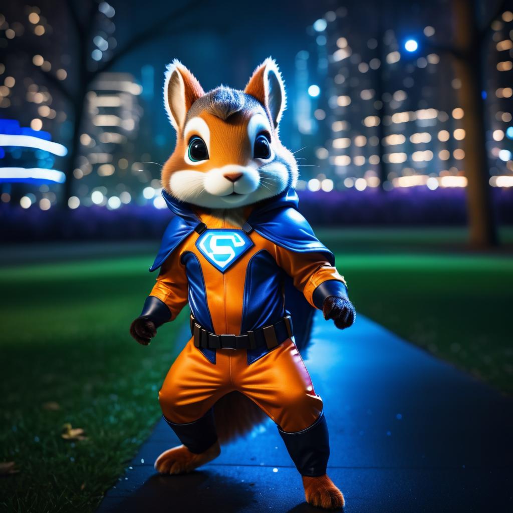 Superhero Squirrel in a Night Park