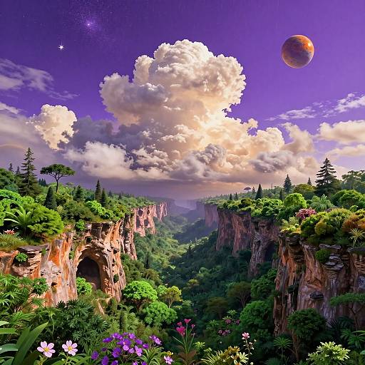 Vibrant digital fantasy landscape: lush green cliffs, flower-filled valleys, majestic clouds, and a purple sky with a glowing red planet.