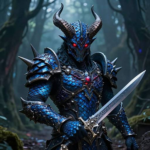 Digital artwork of a blue, armored, demonic warrior with glowing red eyes, large horns, and a spiked sword in a dark, misty forest.