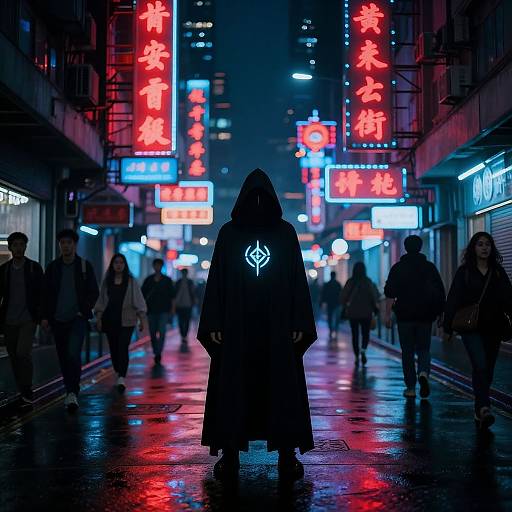 Neon-lit, rainy city street at night; silhouette of hooded figure with glowing white emblem, surrounded by vibrant red and blue signs, pedestrians