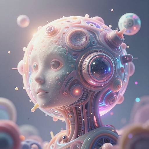 CGI digital art of a futuristic, cybernetic humanoid head with glowing blue and pink circular sensors, metallic textures, and illuminated orbs against a soft
