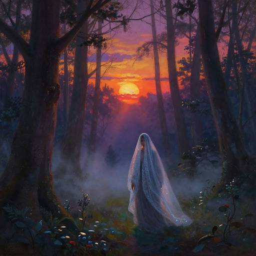 Mysterious figure in white veil stands in misty forest at vivid sunset; tall trees frame scene, with purple and orange hues. Digital artwork.