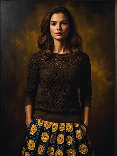 Woman in Black Crochet Sweater and Floral Skirt