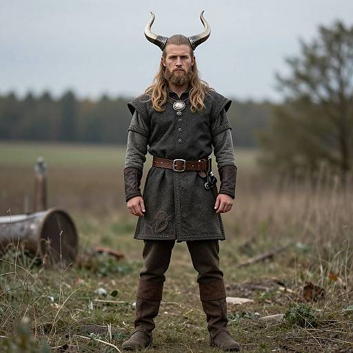 Photograph of a bearded man with long blonde hair, wearing a black horned Viking helmet, dark medieval-style tunic, brown belt, and