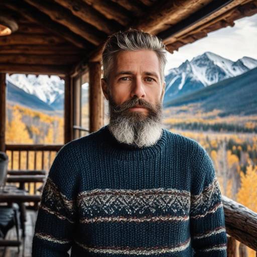 Bearded Man in Sweater on Mountain Cabin Balcony