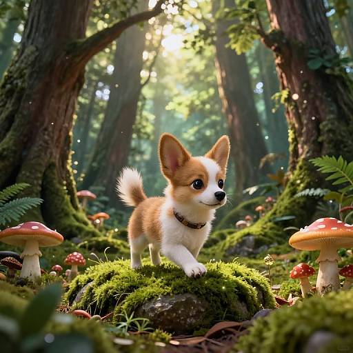 Digital artwork: Adorable, brown-and-white corgi puppy with large ears, wearing a brown collar, standing on moss-covered log in sunlit
