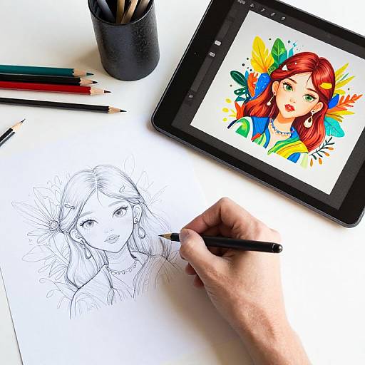 Illustration in progress: hand drawing red-haired anime girl sketch on paper, colored digital artwork on tablet, pencils, and black cup.