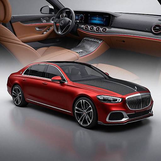 Photograph of a sleek, red luxury sedan with black hood, chrome wheels, and tan leather interior, shown from outside and inside perspectives.