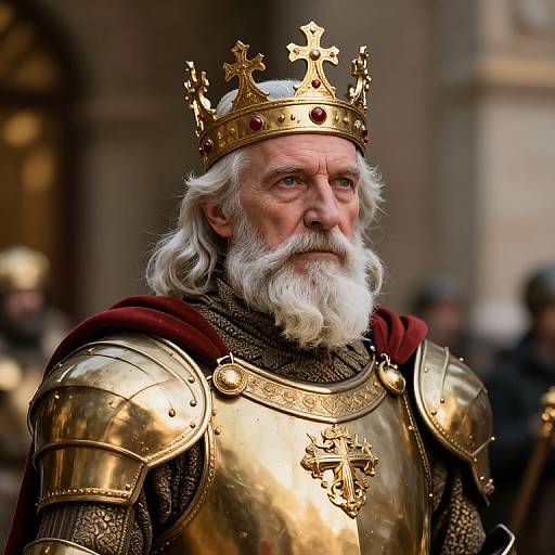 Elderly king with white beard, gold crown, and armor, wearing a red cloak, stands solemnly in a blurred, medieval setting. Phot