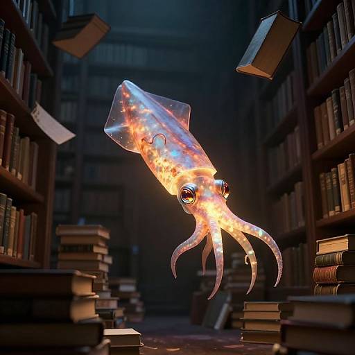 Photorealistic CGI of a glowing, fiery squid with large eyes floating in a dimly lit, chaotic library aisle with books and floating papers.