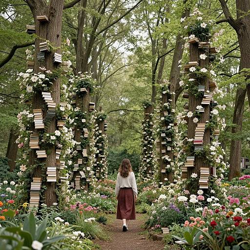 Photograph: Woman with curly brown hair, white blouse, and maroon skirt walks down a flower-lined path flanked by tree pillars with stacked books