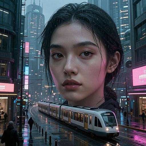 Digital artwork: A realistic, large-faced young Asian woman with wet black hair dominates a neon-lit, rainy urban street, where a sleek white subway