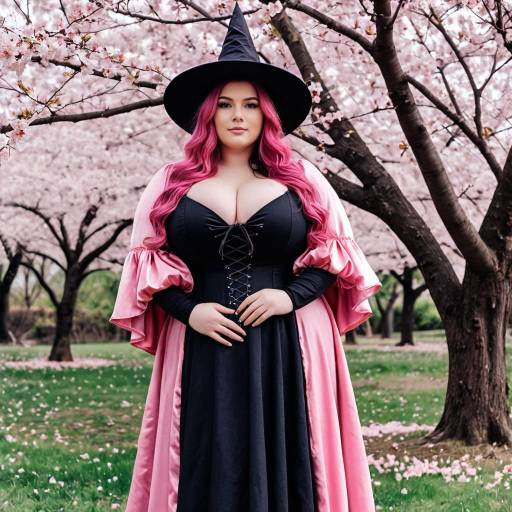 Plus Size Woman in Pink Witch Costume under Cherry Blossoms