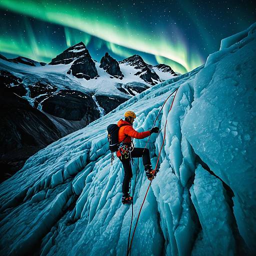 Ice Climber Scaling Glacier Under Northern Lights