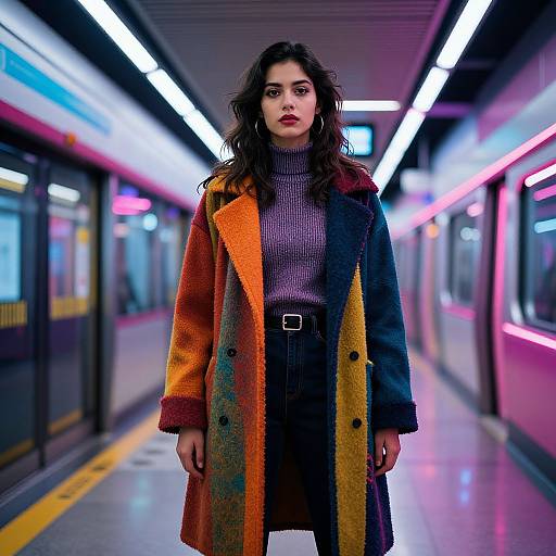 Photograph of a woman with wavy dark hair, wearing a colorful, long wool coat over a gray turtleneck and black high-waisted