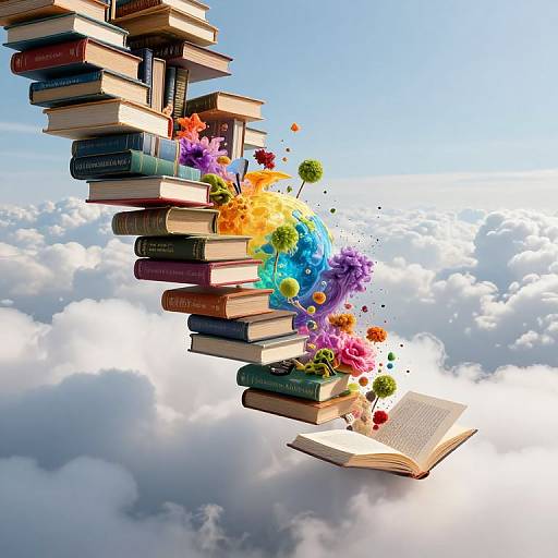 Floating stack of colorful books and flowers dissolving into a glowing, multicolored orb, with an open book below, set against a bright blue sky