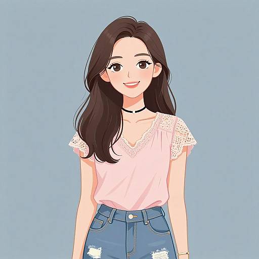 Digital anime-style drawing of a smiling young woman with long black hair, wearing a pink lace blouse and blue distressed jeans, against a light blue background.