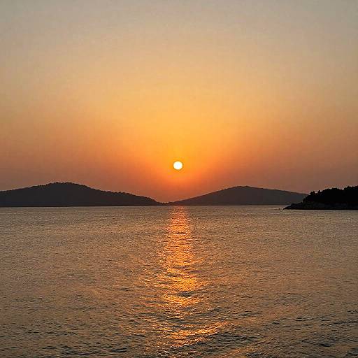 Photograph of a vibrant orange sunset over calm water, reflecting on the surface. Silhouetted hills frame the sun, creating a peaceful, serene