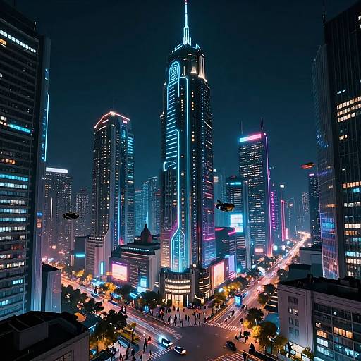 Neon-lit, futuristic cityscape at night, showcasing tall skyscrapers with glowing blue, pink, and purple lights. Busy streets with blurred