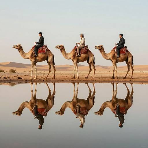 Photograph of three men riding camels in a desert, reflected in a calm water pool, against a pale sky backdrop.