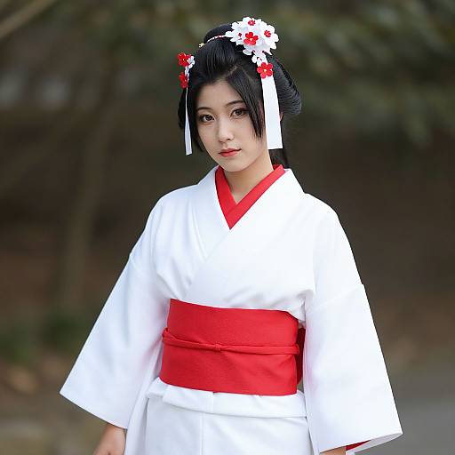 Photograph of an East Asian woman in traditional white kimono with red obi, adorned with white and red floral hairpiece, standing outdoors.