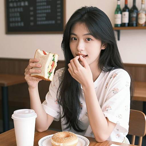 Casual Dining Scene with East Asian Woman