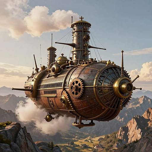 Steampunk airship with brass gears and smoke, floating above a mountainous landscape with a clear, sunny sky in a detailed CGI illustration.