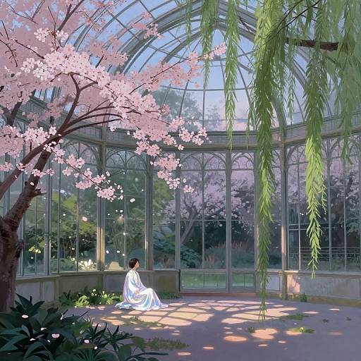 Digital painting of a person in a white robe, sitting on the floor of a sunlit greenhouse with pink cherry blossoms and green willow branches outside