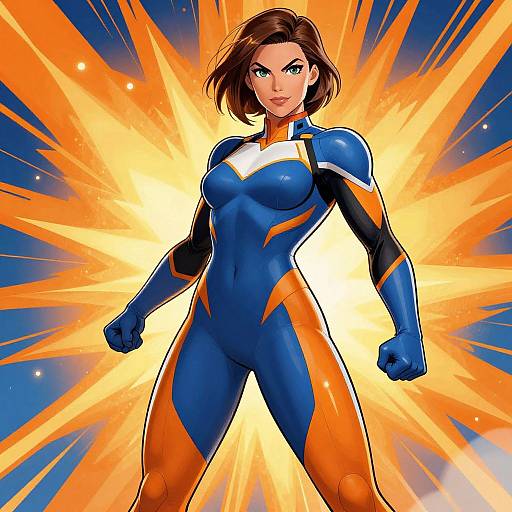Digital art of a powerful, brown-haired woman in a blue and orange superhero suit, fists clenched, standing against a radiant yellow and orange background.