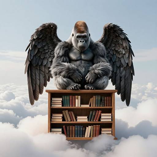 Photorealistic digital art of a muscular, grey-furred gorilla with black wings, sitting on a wooden bookshelf filled with books, floating in