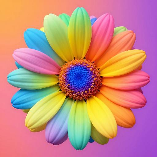 Vibrant digital illustration of a multicolored daisy with rainbow petals and a blue, orange-centered core against a gradient pink-purple background.