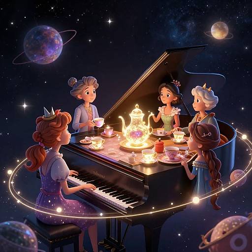Whimsical Tea Party on Cosmic Grand Piano