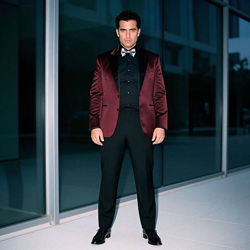 Photograph of a handsome man with short dark hair, wearing a maroon velvet tuxedo, black shirt, bow tie, and black pants,